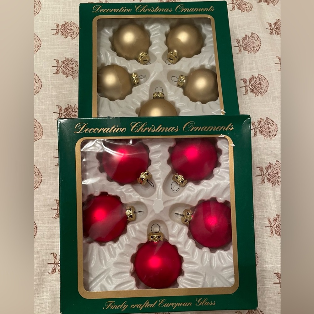 Vintage Christmas Glass Gold  Red Ornaments   Germany - 2 Boxes of 5